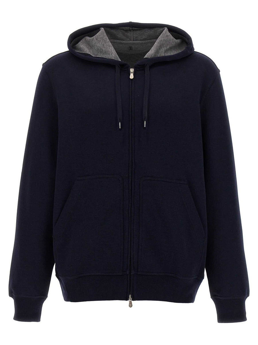 Blauer Brunello Cucinelli Hoodie aus Baumwollmischung mit Reißverschluss und Taschen