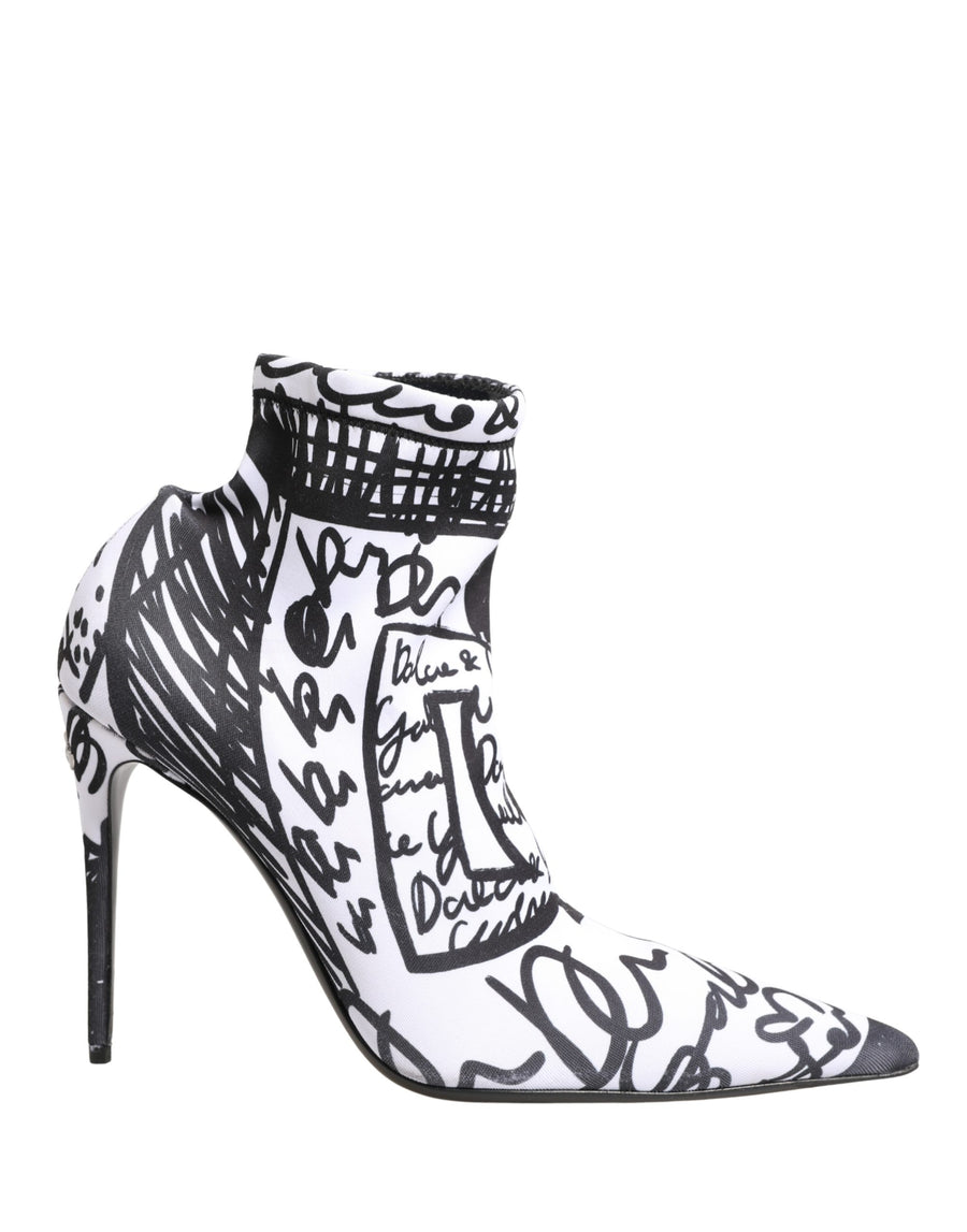 Dolce & Gabbana White Stretch Graffiti Print Ankle Boots