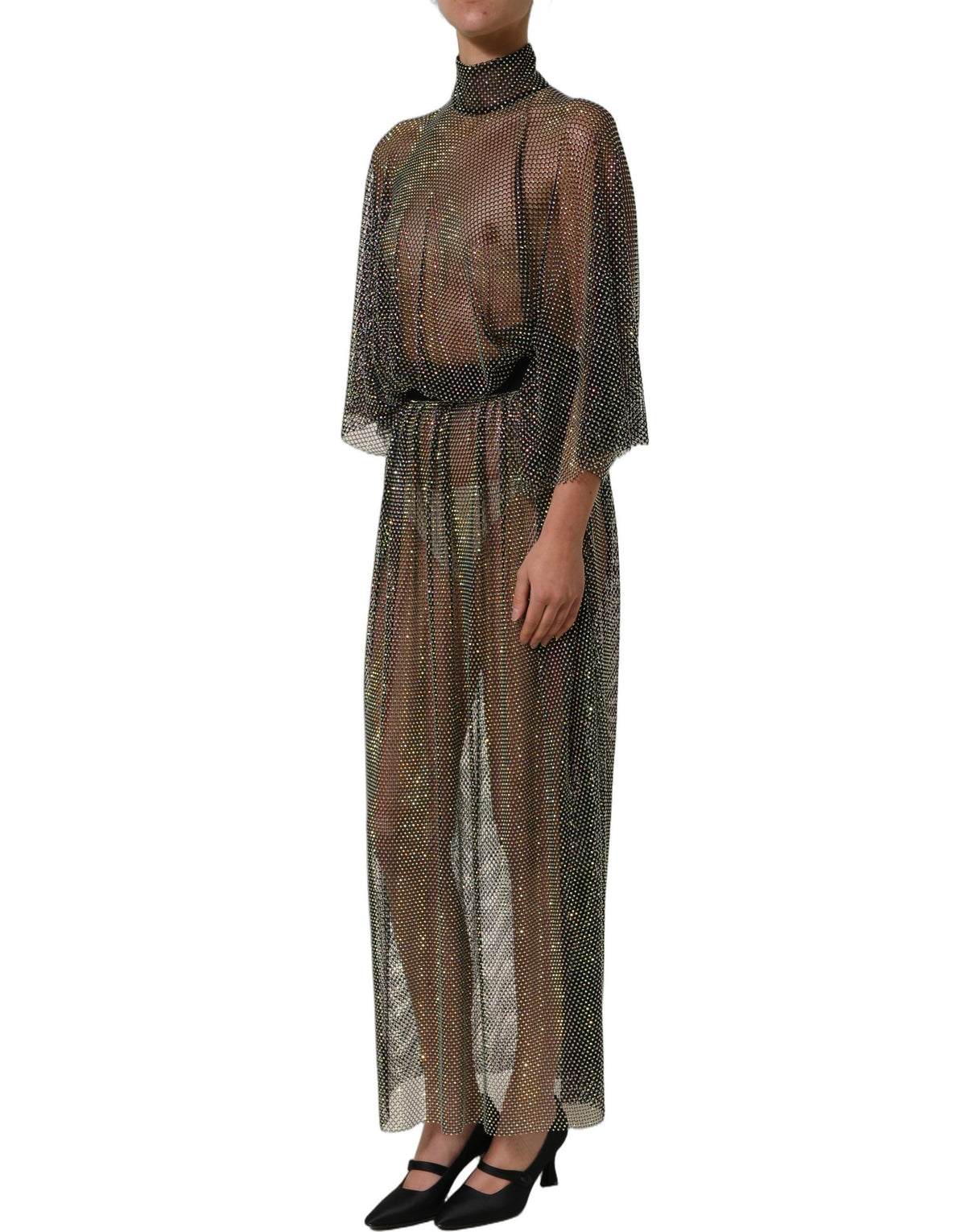 Dolce & Gabbana Maxi Dress with Turtleneck and Black Rhinestones