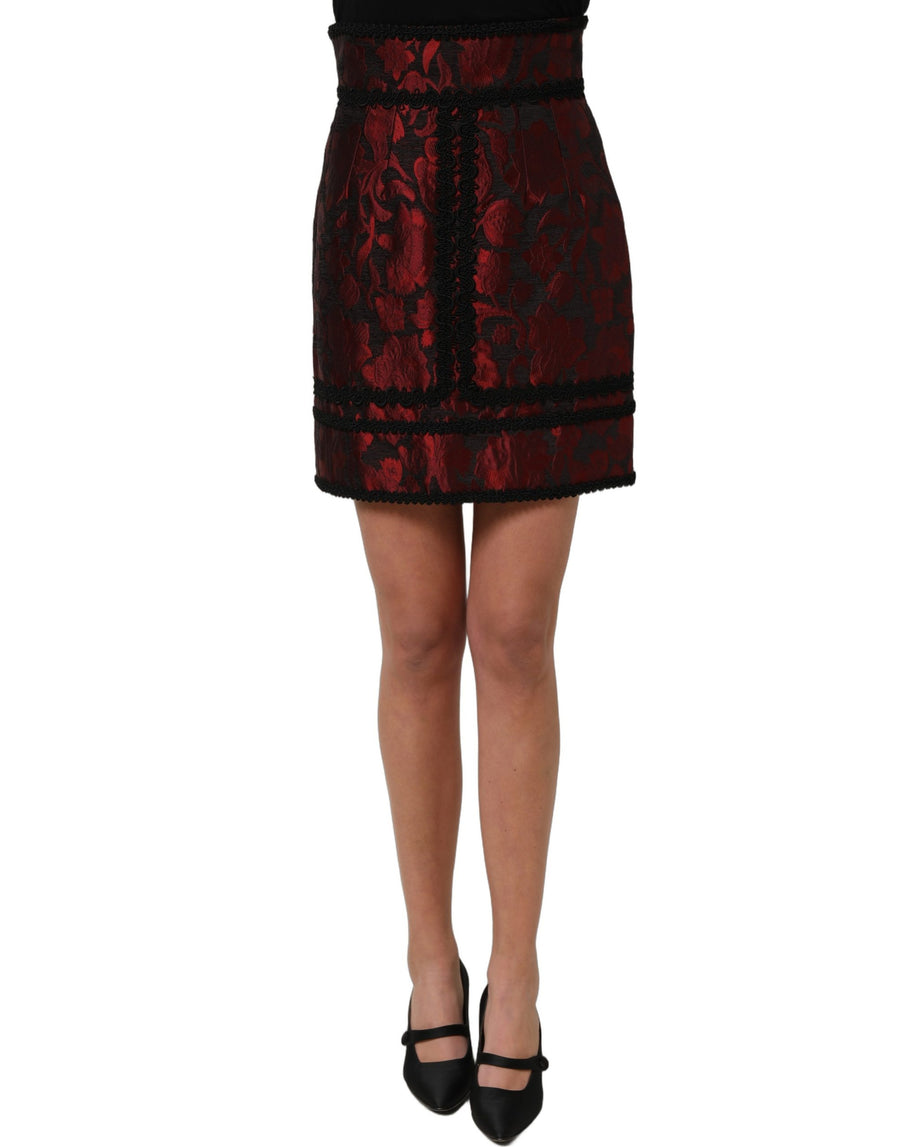 Dolce & Gabbana red and black floral jacquard mini skirt with lace