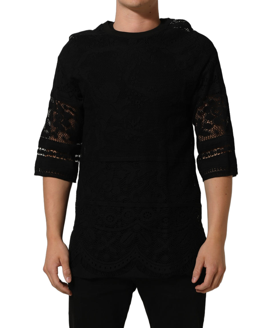 Dolce & Gabbana Black Cotton T-Shirt with Floral Lace Trim and Crew Neck