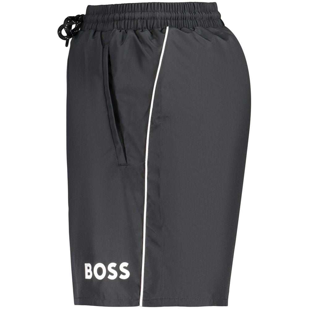 Hugo Boss Herrenshorts schwarze Polyester-Badeshorts mit elastischem Bund und Kordeln