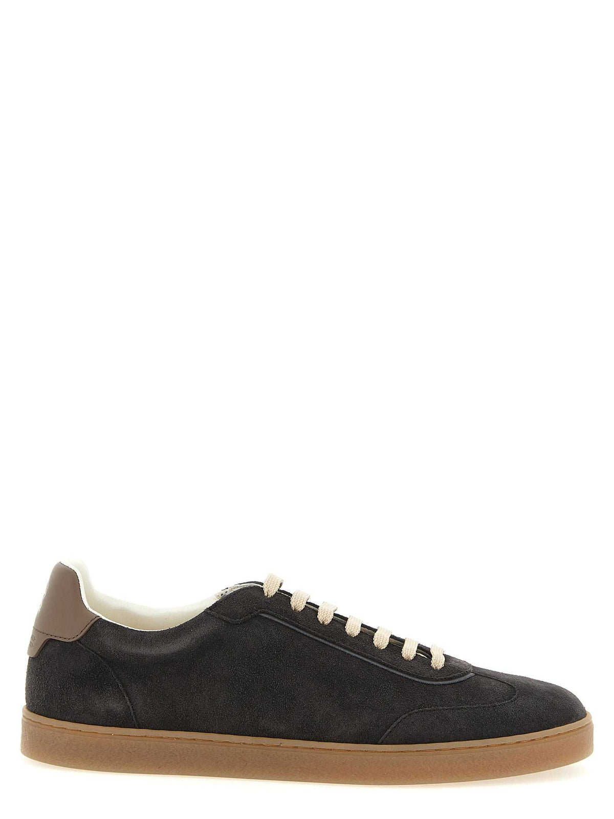 Brunello Cucinelli graue Kalbsleder Low-Top-Sneaker mit goldem Wappen und Wildlederdetails