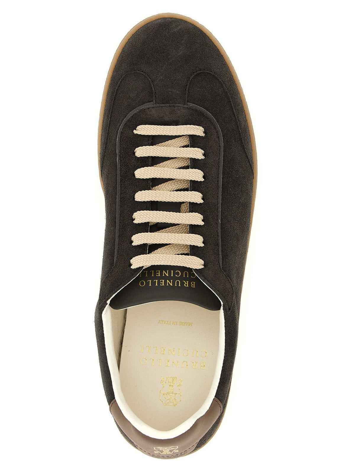 Brunello Cucinelli graue Kalbsleder Low-Top-Sneaker mit goldem Wappen und italienischem Design