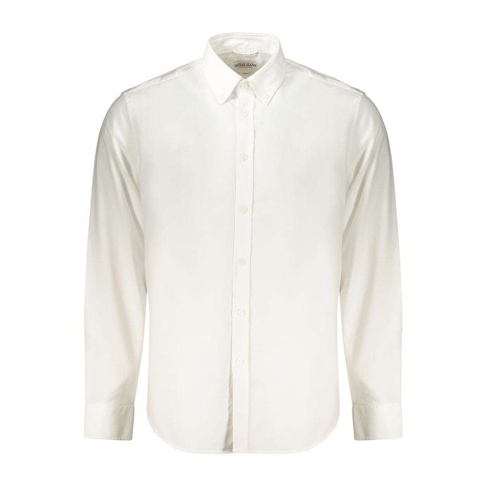 Guess Jeans weißes Herrenhemd aus 100% Baumwolle mit Button-Down-Kragen und gesticktem Logo