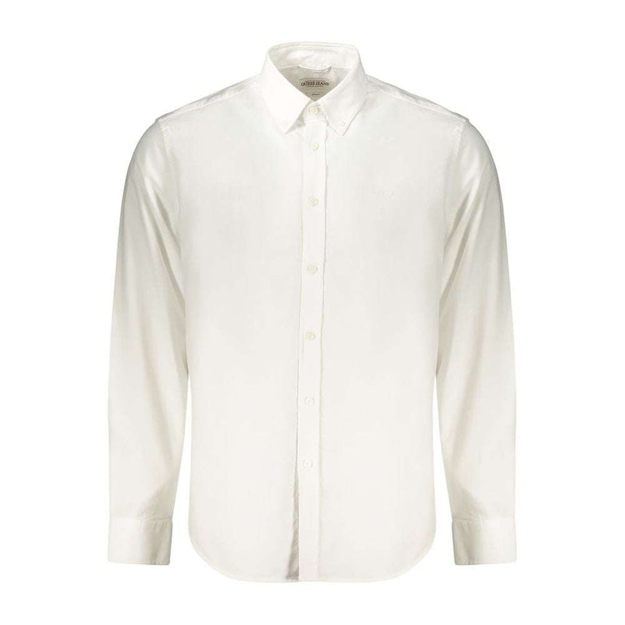 Guess Jeans weißes Herrenhemd aus 100% Baumwolle mit Button-Down-Kragen und gesticktem Logo