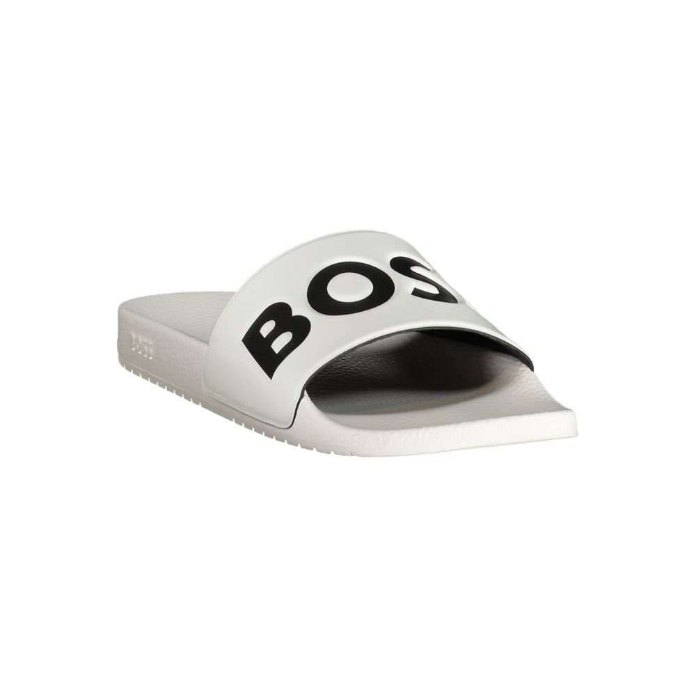 Hugo Boss weiße Herren-Slipper aus Polyurethan mit kontrastierenden Details und ikonischem Logo
