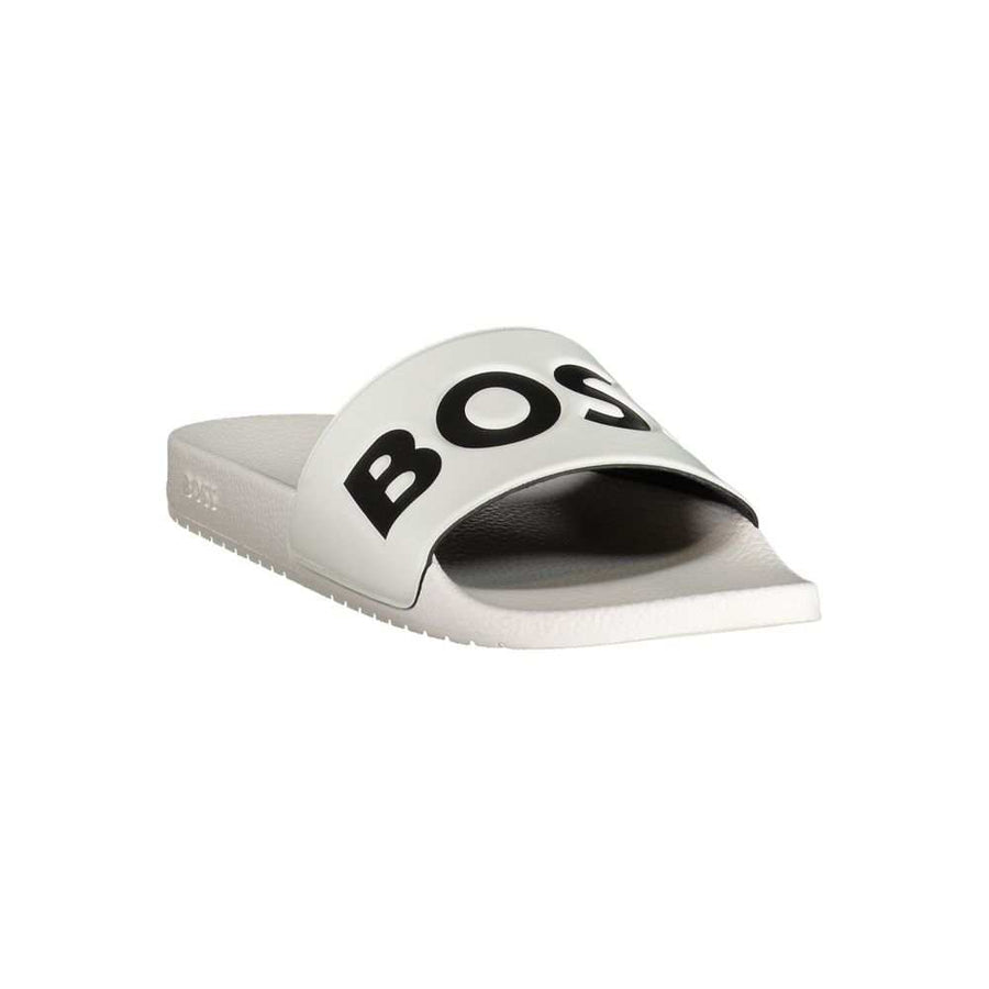 Hugo Boss weiße Herren-Slipper aus Polyurethan mit kontrastierenden Details und ikonischem Logo
