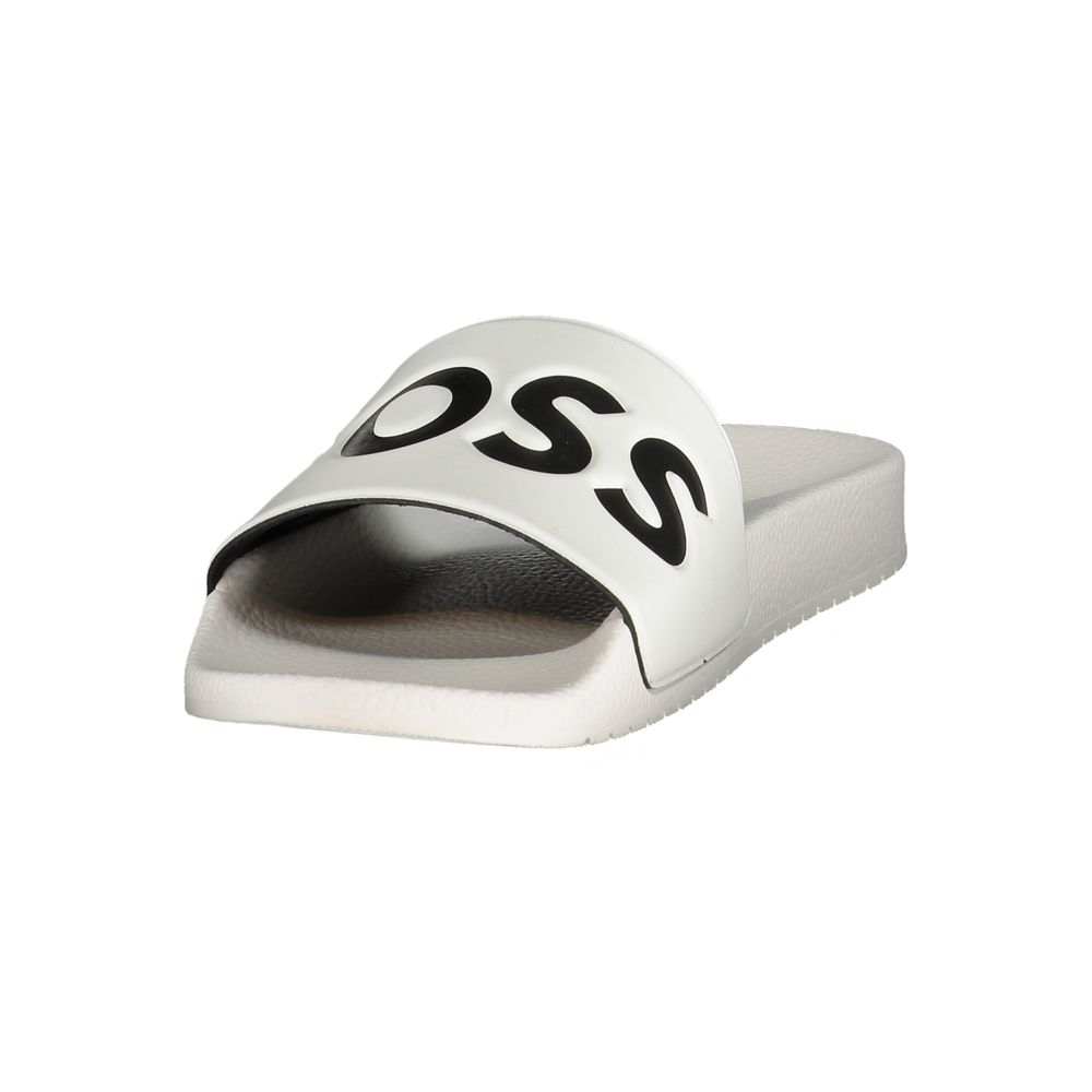 Hugo Boss weiße Herren-Slipper aus Polyurethan mit kontrastierenden Details und ikonischem Logo in modernem Design