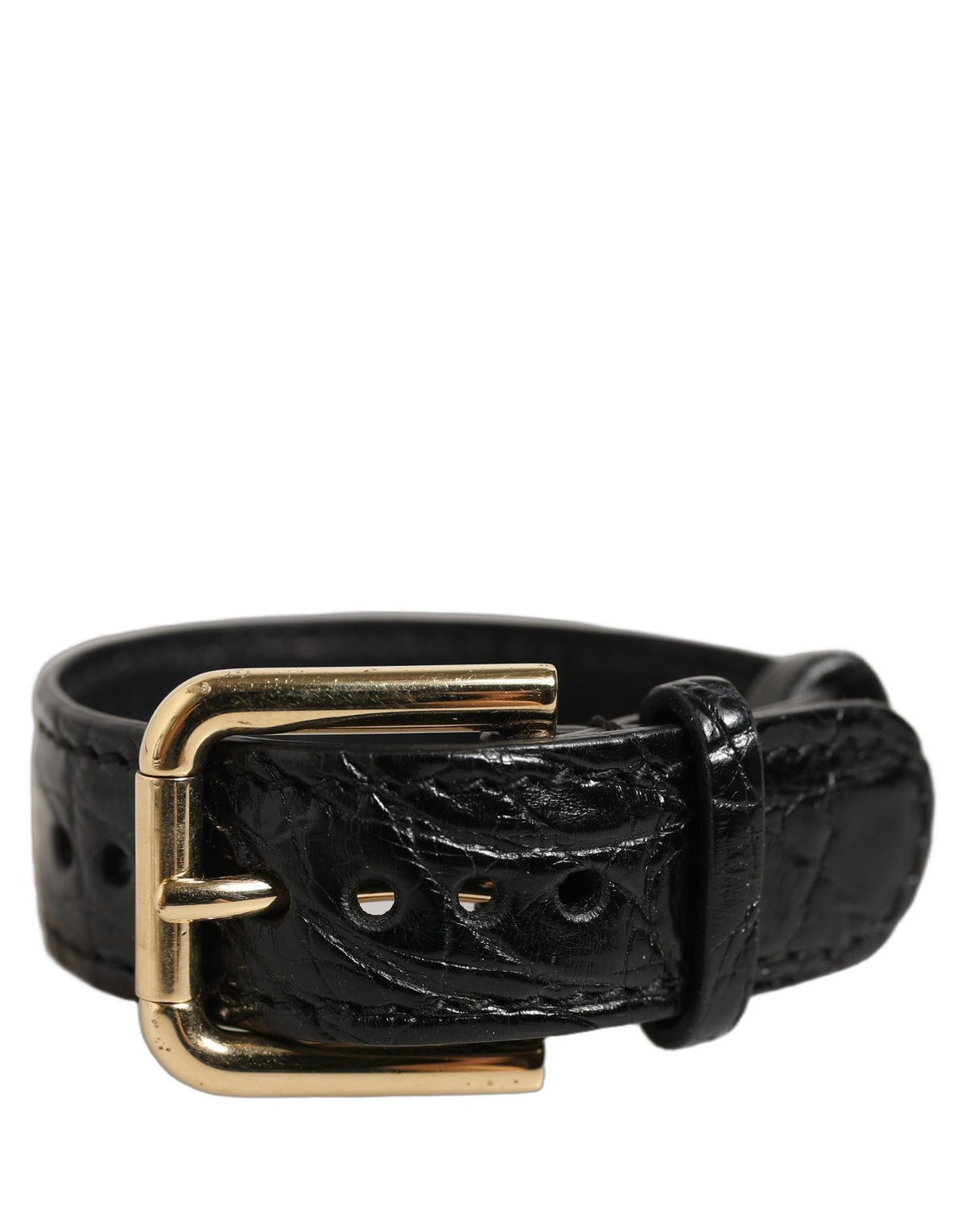 Dolce & Gabbana Black Structured Leather Belt Cuff with Gold Buckle