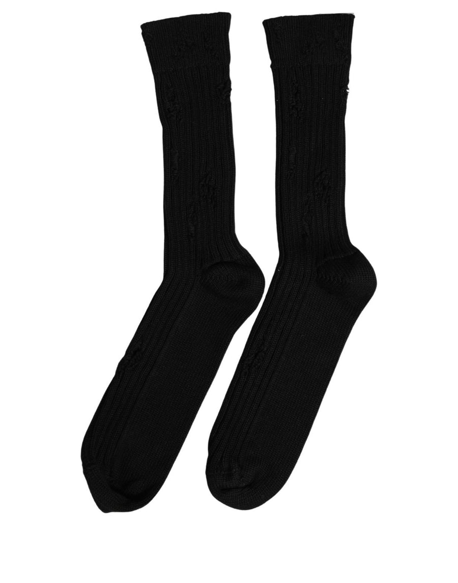 Dolce & Gabbana Men's black cotton mid-calf socks with distressed effect