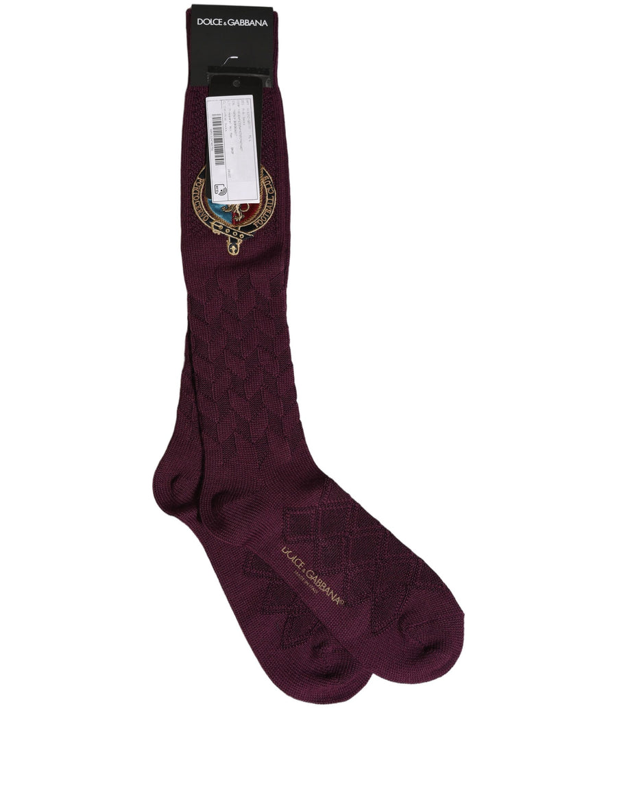Dolce & Gabbana Burgundy Wool Knee Socks with Crest Logo