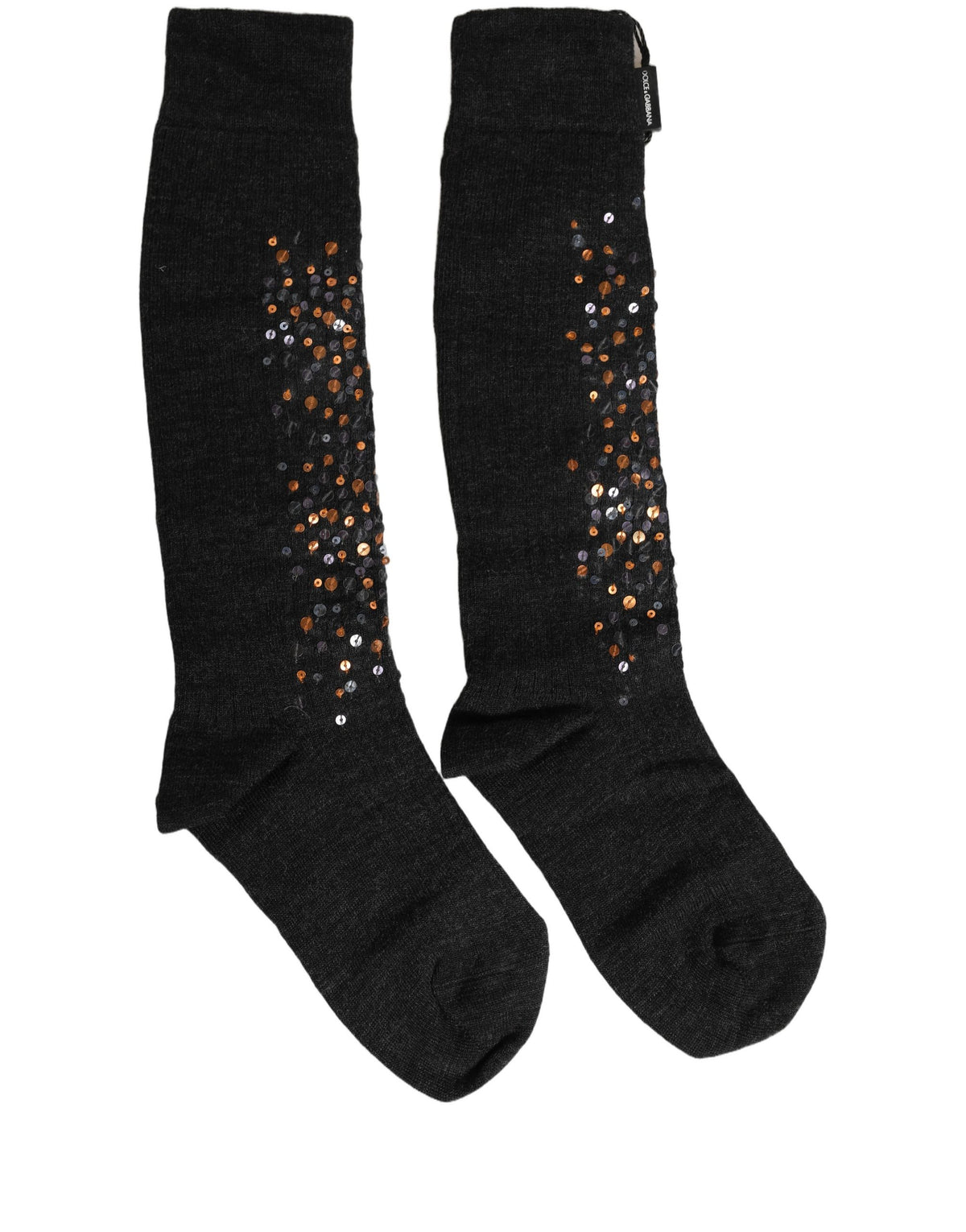 Dolce & Gabbana dark grey wool knee-high socks with sequin embellishment