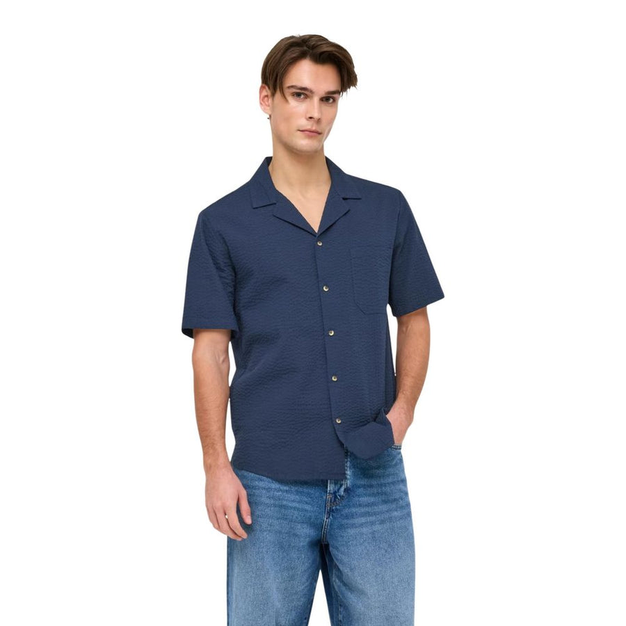 Only & Sons Blue Cotton Short-Sleeve Shirt