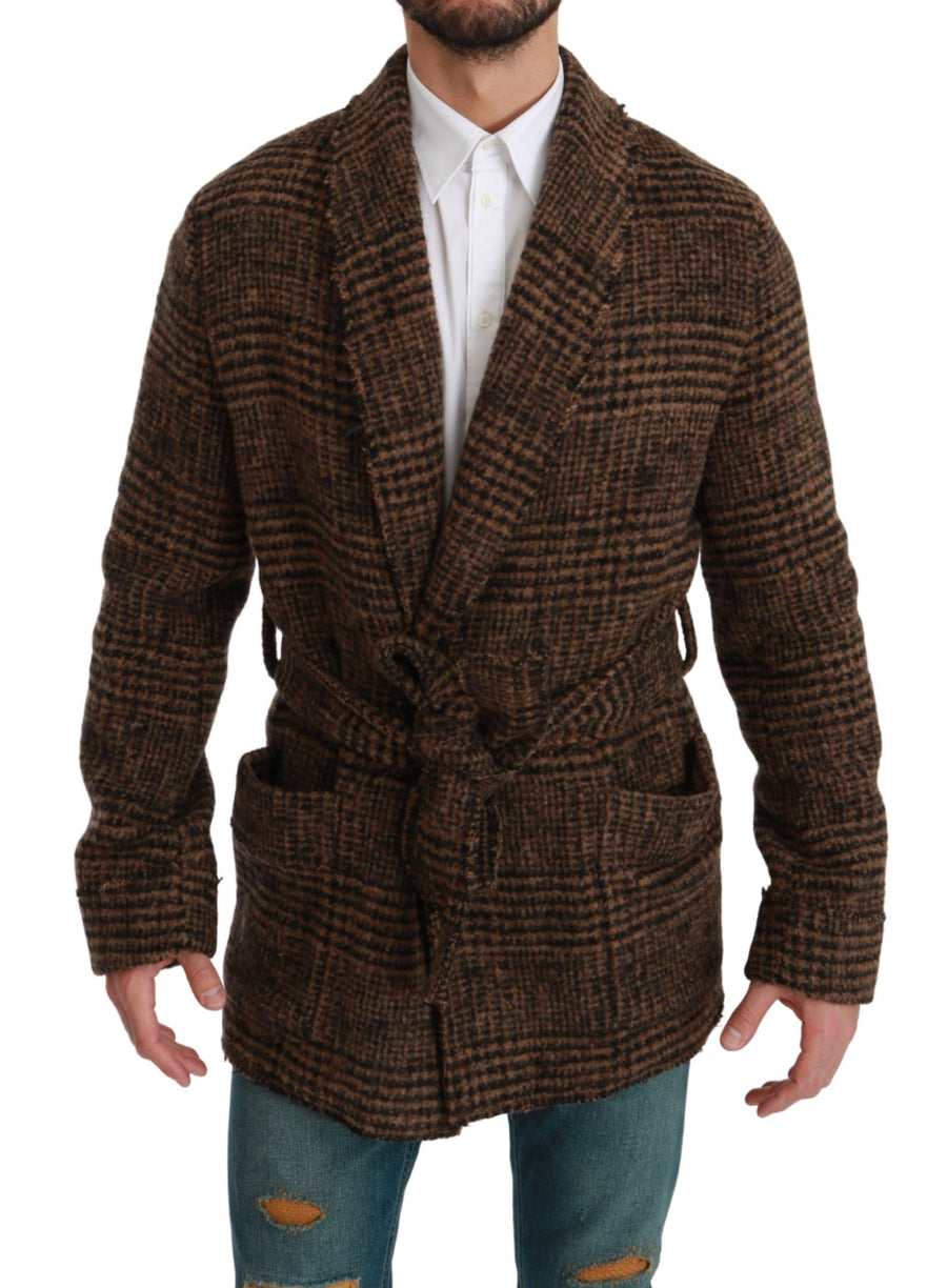 Dolce & Gabbana Brown Plaid Wool Wrap Coat