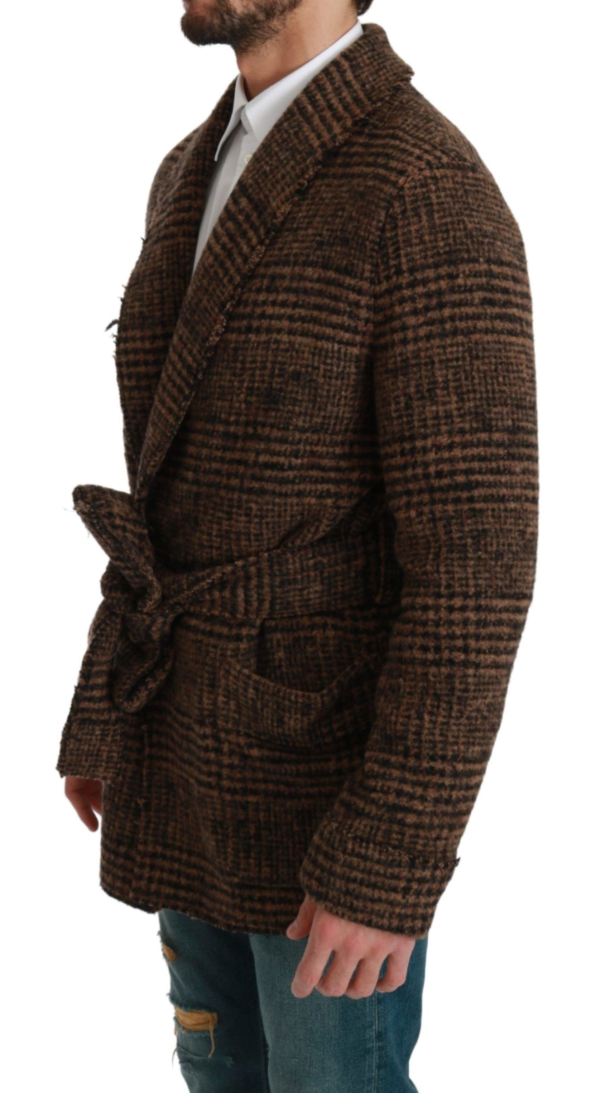 Dolce & Gabbana Brown Plaid Wool Wrap Coat