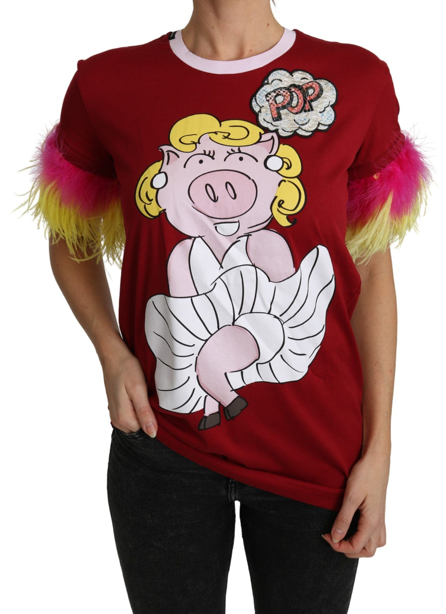 Dolce & Gabbana Red Pig Print Puff Sleeve T-shirt Top
