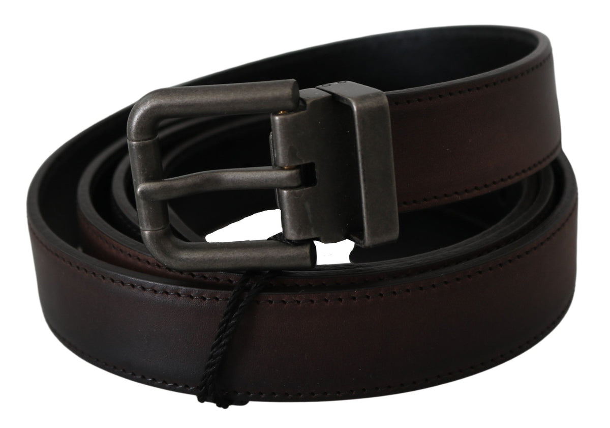 Dolce & Gabbana Solid Brown Leather Belt with Grey Buckle