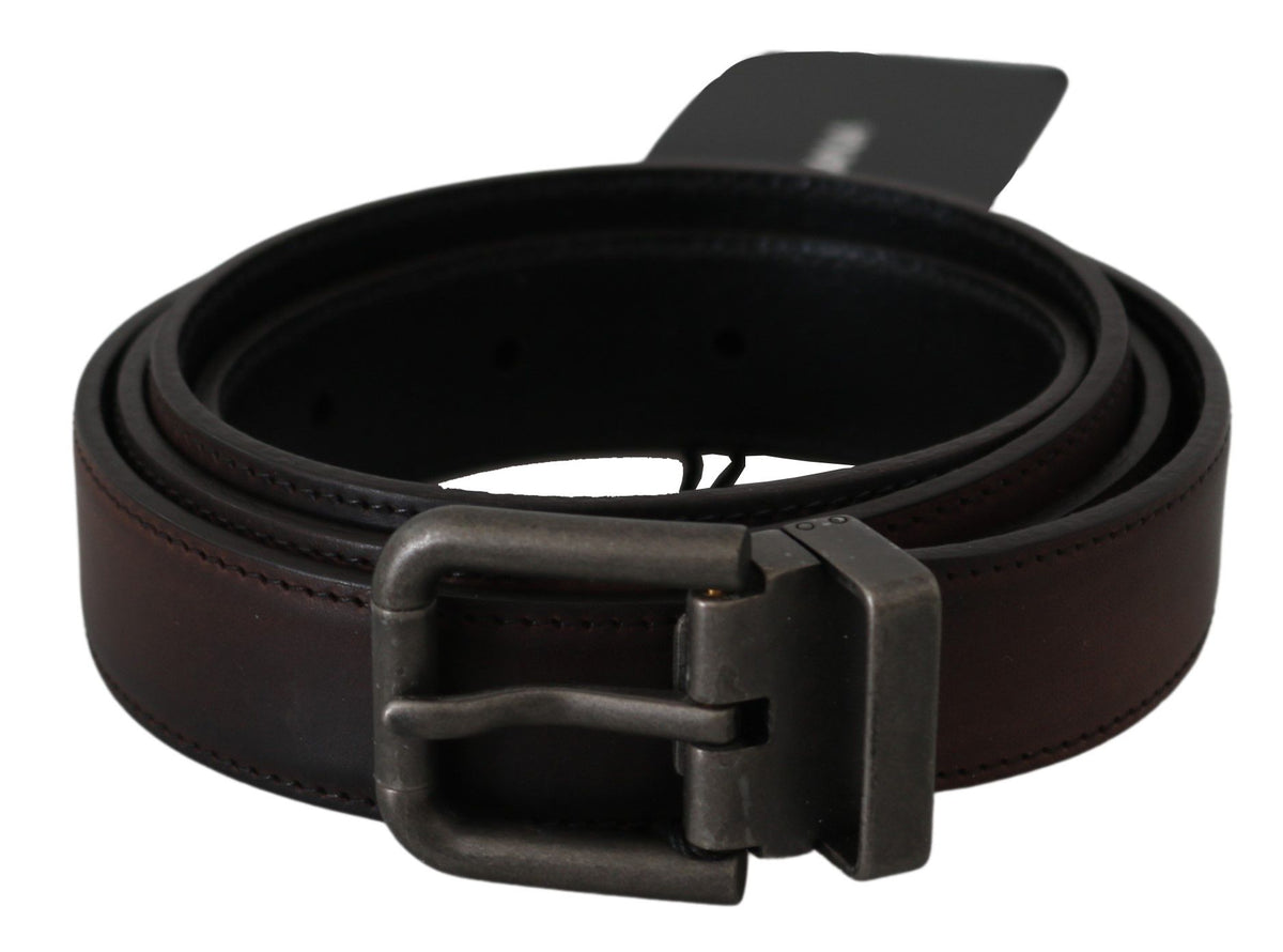 Dolce & Gabbana Solid Brown Leather Belt with Grey Buckle