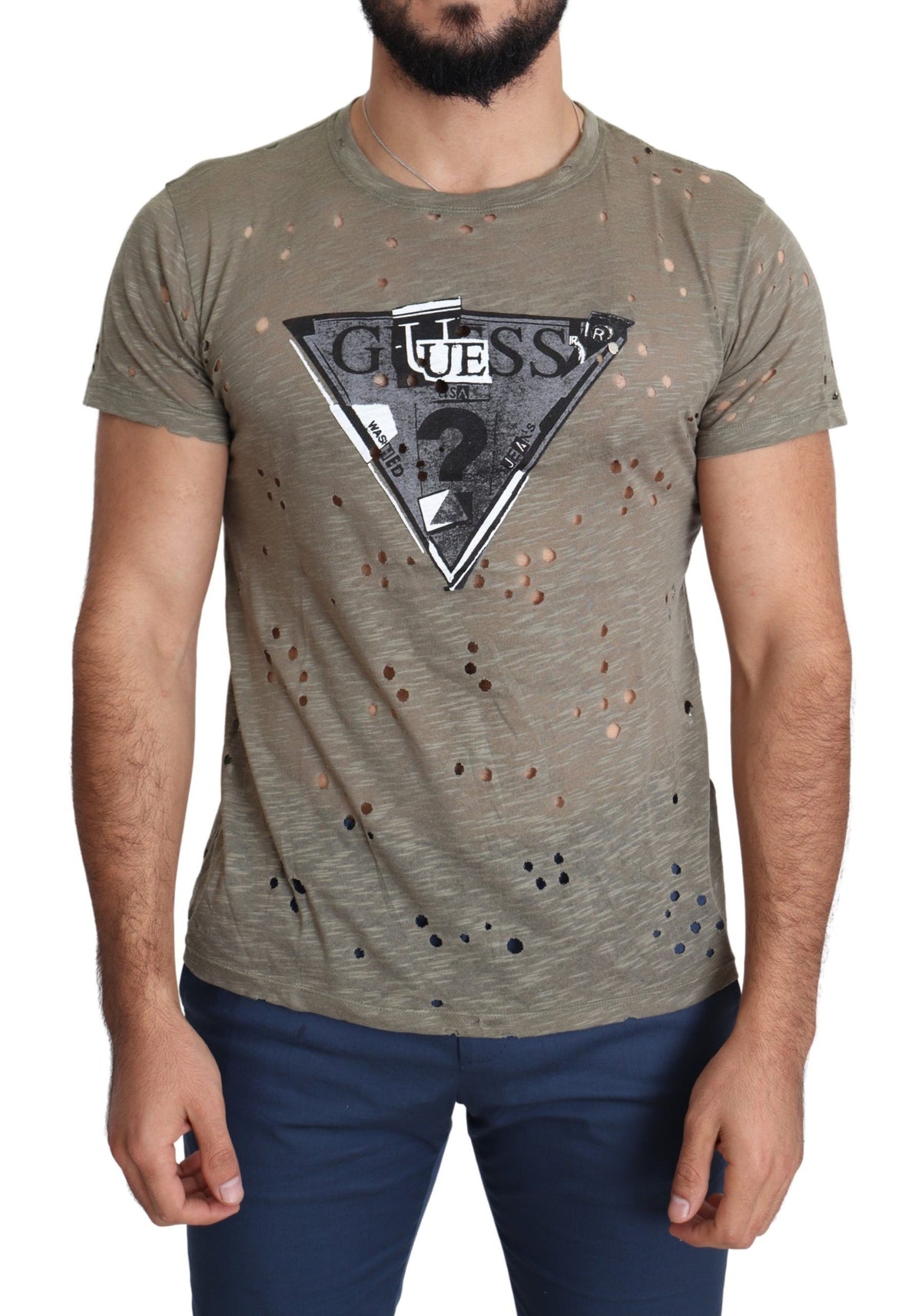 Guess Men's Brown Cotton Stretch T-Shirt with Logo Print Casual Perforated T-Shirt