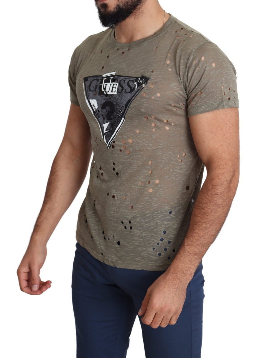 Guess Braunes Baumwoll-Stretch-T-Shirt mit Logodruck für Männer Lässiges perforiertes T-Shirt