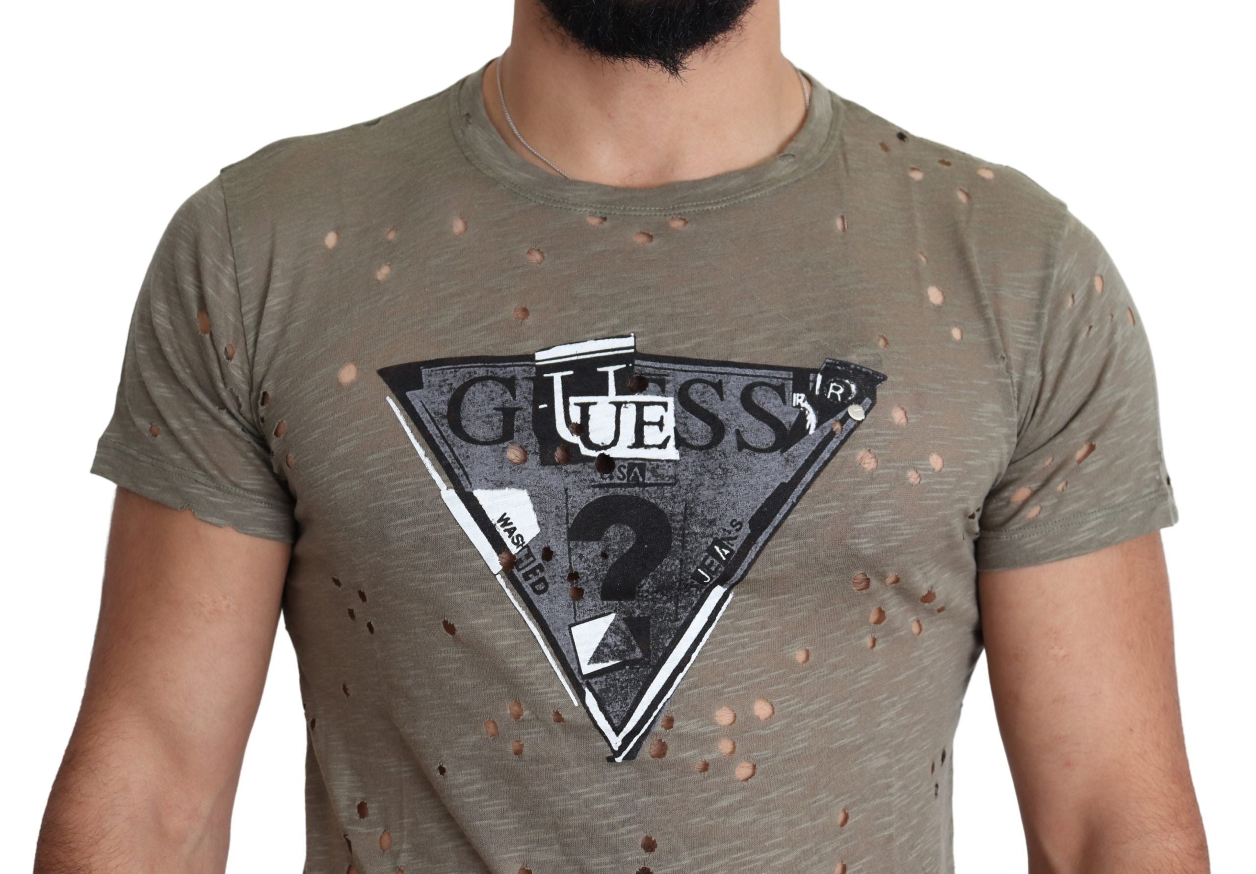 Guess Braunes Baumwoll-Stretch-T-Shirt mit Logodruck für Männer Lässiges perforiertes T-Shirt