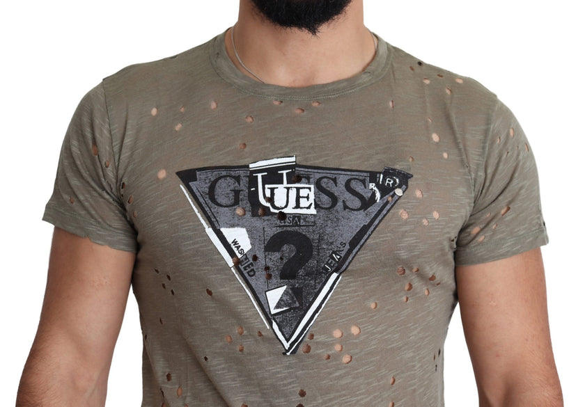 Guess Braunes Baumwoll-Stretch-T-Shirt mit Logodruck für Männer Lässiges perforiertes T-Shirt