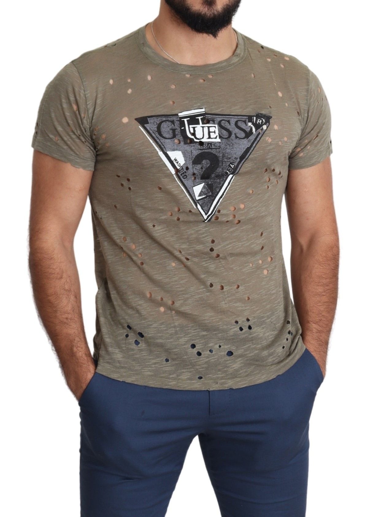 Guess Men's Brown Cotton Stretch T-Shirt with Logo Print Casual Perforated T-Shirt
