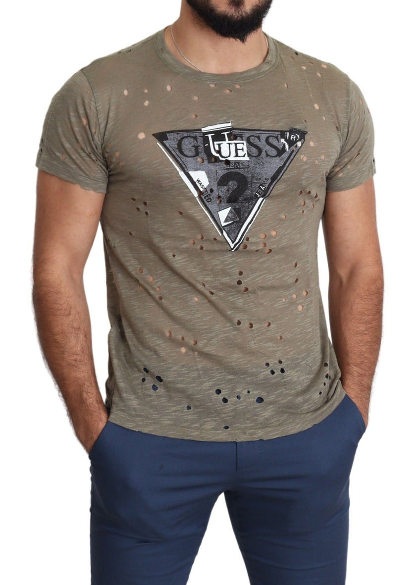 Guess Braunes Baumwoll-Stretch-T-Shirt mit Logodruck für Männer Lässiges perforiertes T-Shirt