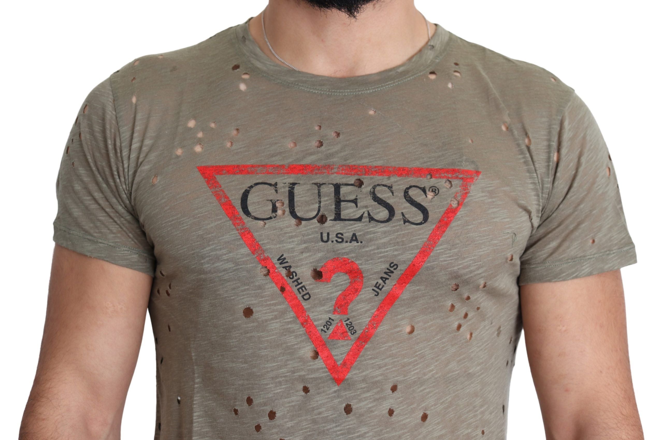 Guess Men's Brown Cotton Stretch T-Shirt with Logo Print Casual Perforated T-Shirt