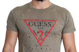 Guess Men's Brown Cotton Stretch T-Shirt with Logo Print Casual Perforated T-Shirt