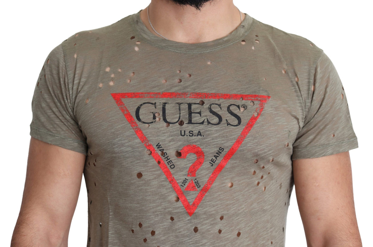 Guess Men's Brown Cotton Stretch T-Shirt with Logo Print Casual Perforated T-Shirt