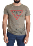 Guess Men's Brown Cotton Stretch T-Shirt with Logo Print Casual Perforated T-Shirt