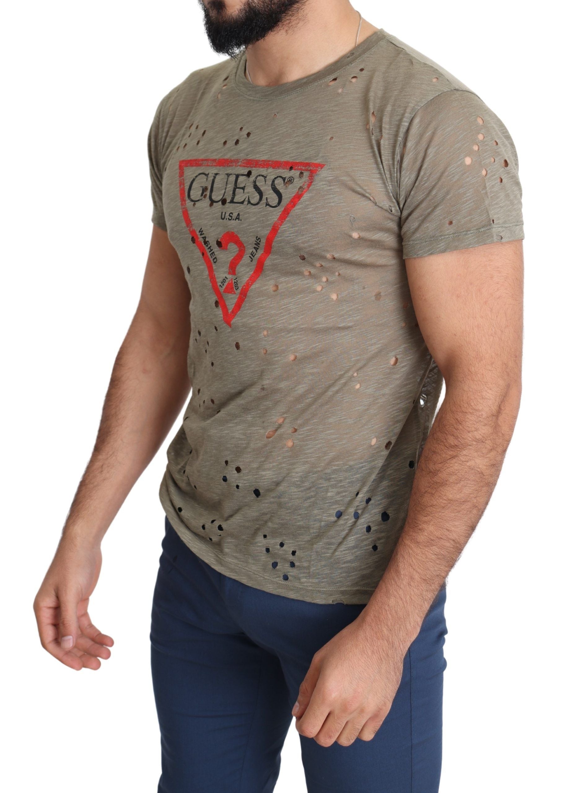 Guess Men's Brown Cotton Stretch T-Shirt with Logo Print Casual Perforated T-Shirt
