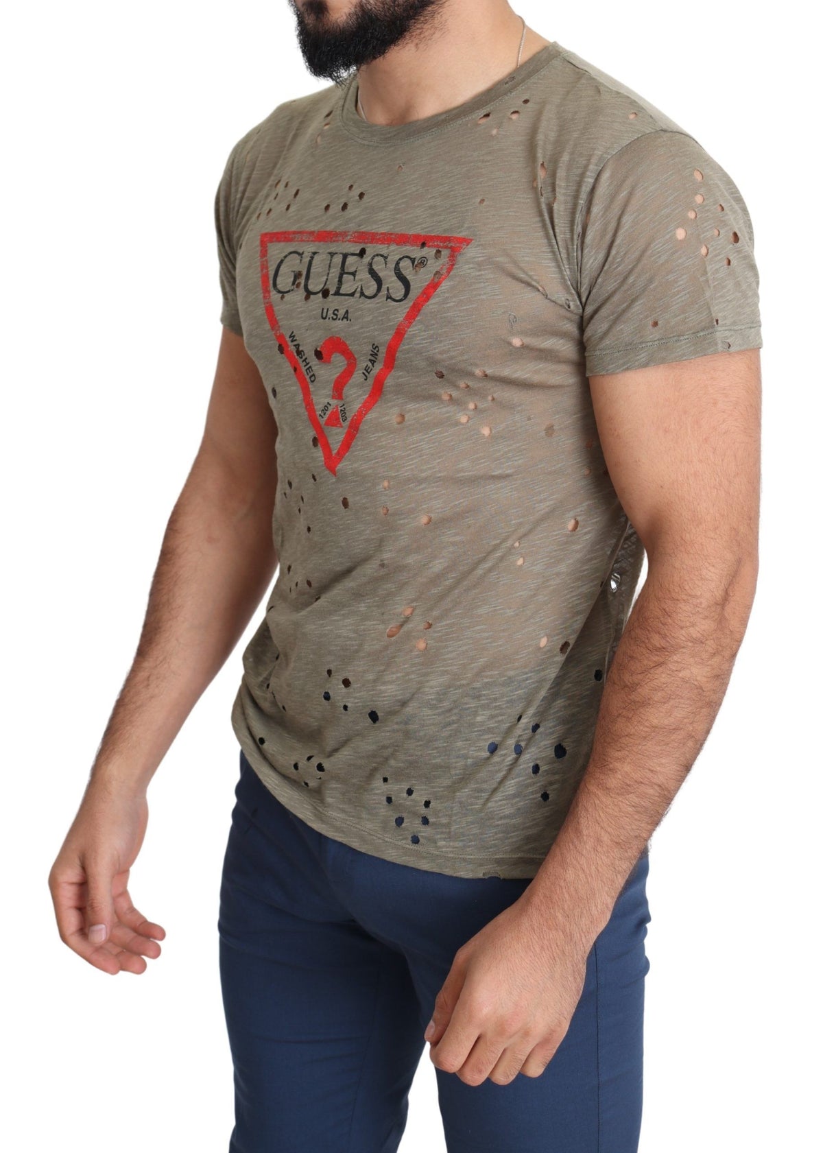 Guess Men's Brown Cotton Stretch T-Shirt with Logo Print Casual Perforated T-Shirt