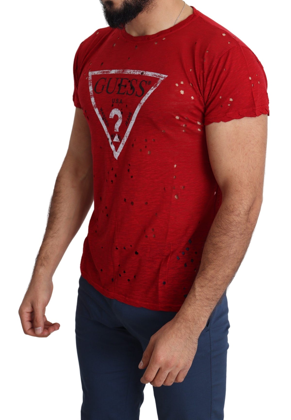 Guess Red Cotton Logo Print Men's Casual Top Perforated T-Shirt