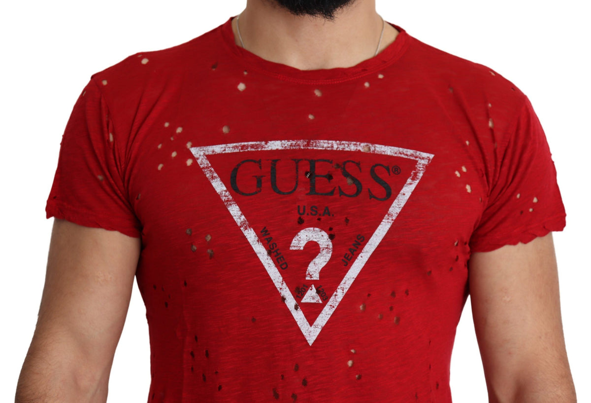 Guess Red Cotton Logo Print Men's Casual Top Perforated T-Shirt
