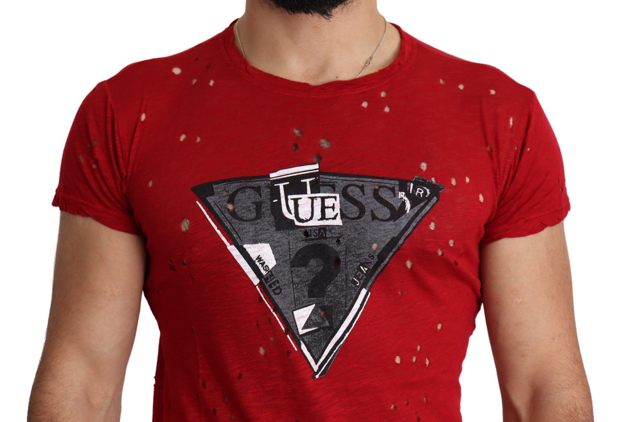 Guess Red Cotton Logo Print Men's Casual Top Perforated T-Shirt