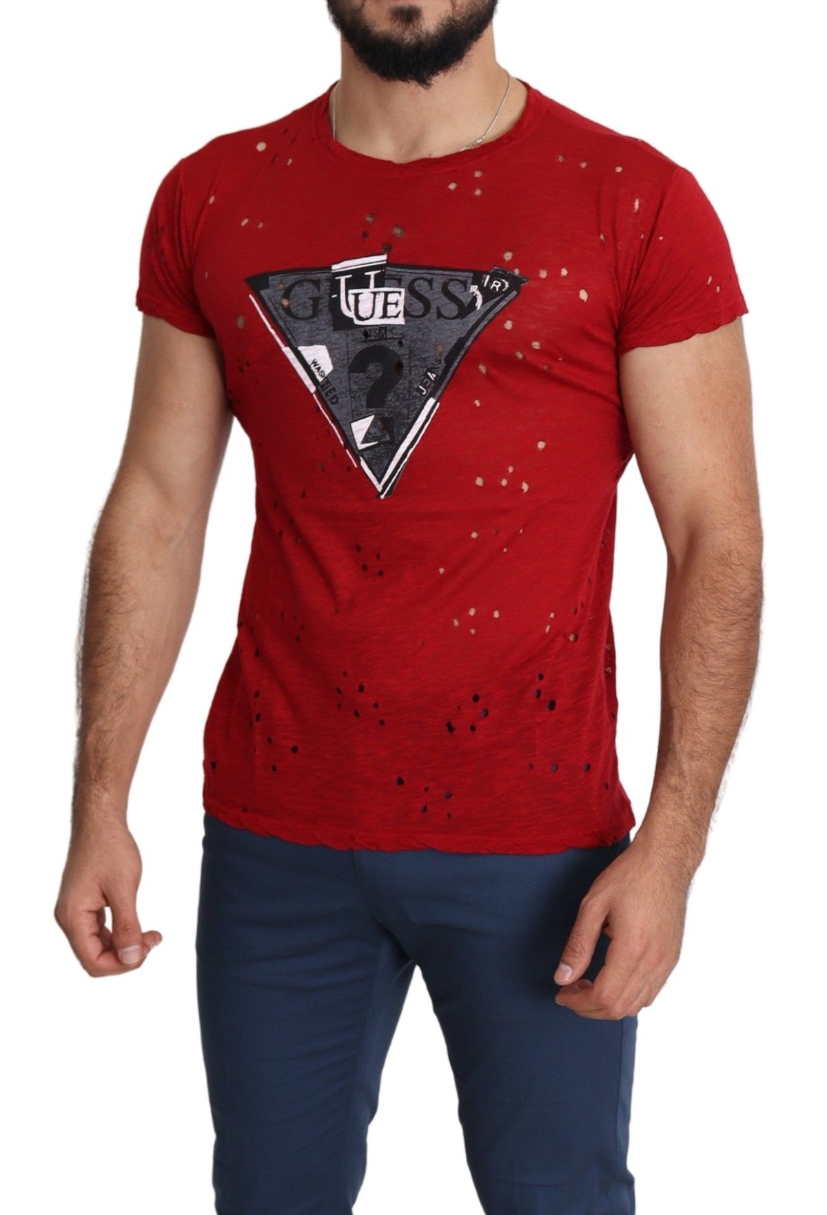 Guess Red Cotton Logo Print Men's Casual Top Perforated T-Shirt