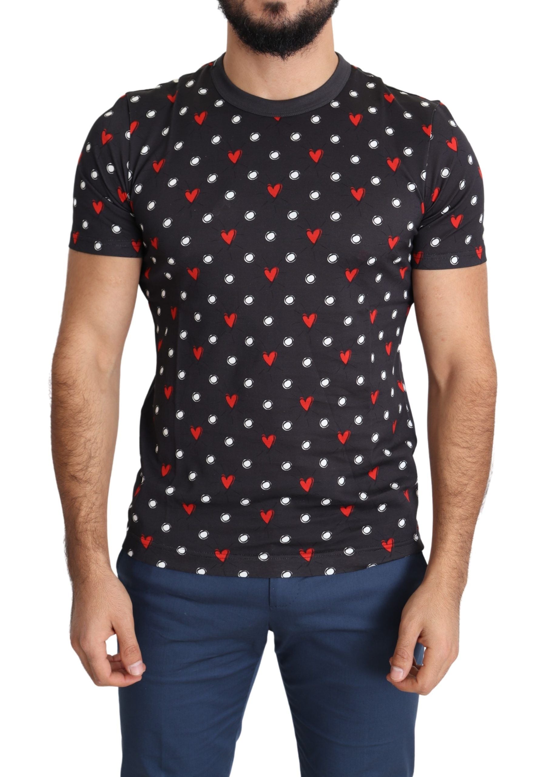 Dolce & Gabbana Dunkelgraues Baumwoll-T-Shirt mit Herzdruck für Männer