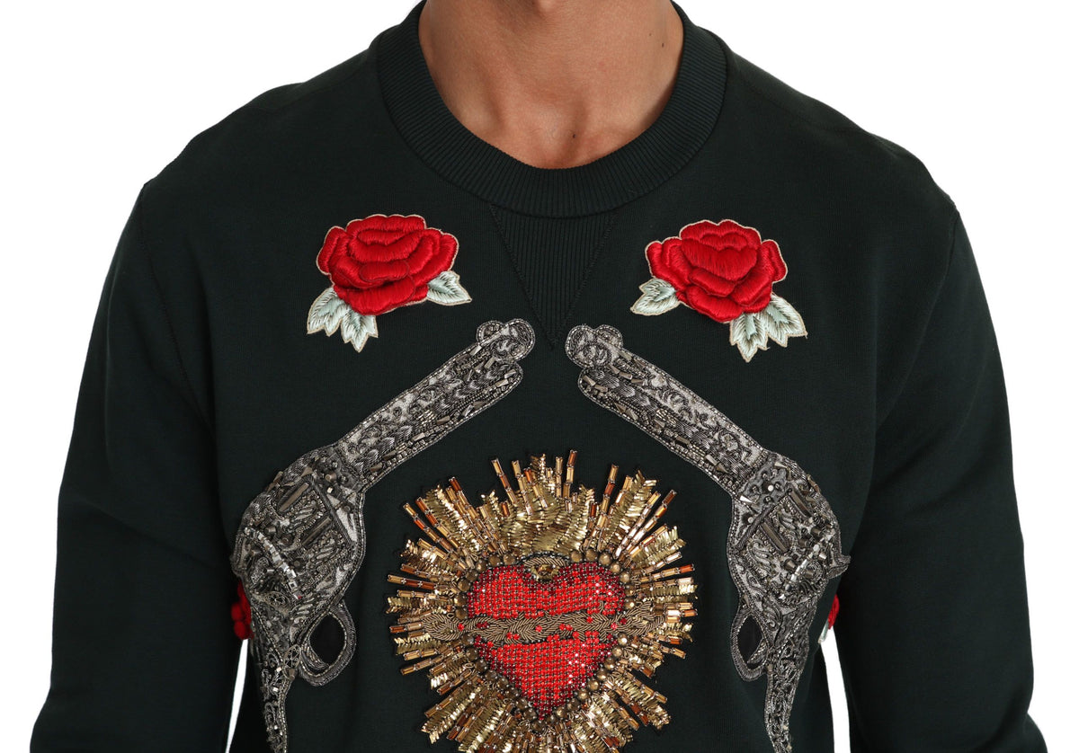 Dolce & Gabbana Green Crystal Heart Roses Gun Pullover