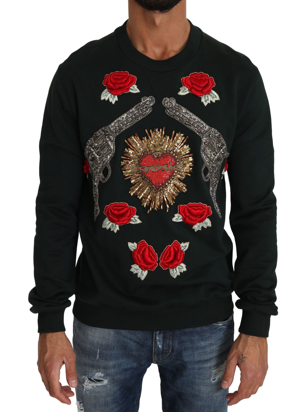 Dolce & Gabbana Green Crystal Heart Roses Gun Pullover