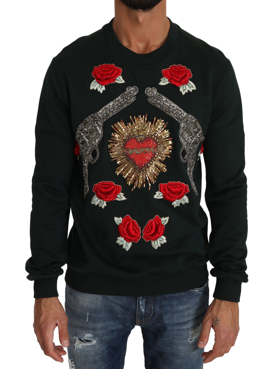 Dolce & Gabbana Green Crystal Heart Roses Gun Pullover