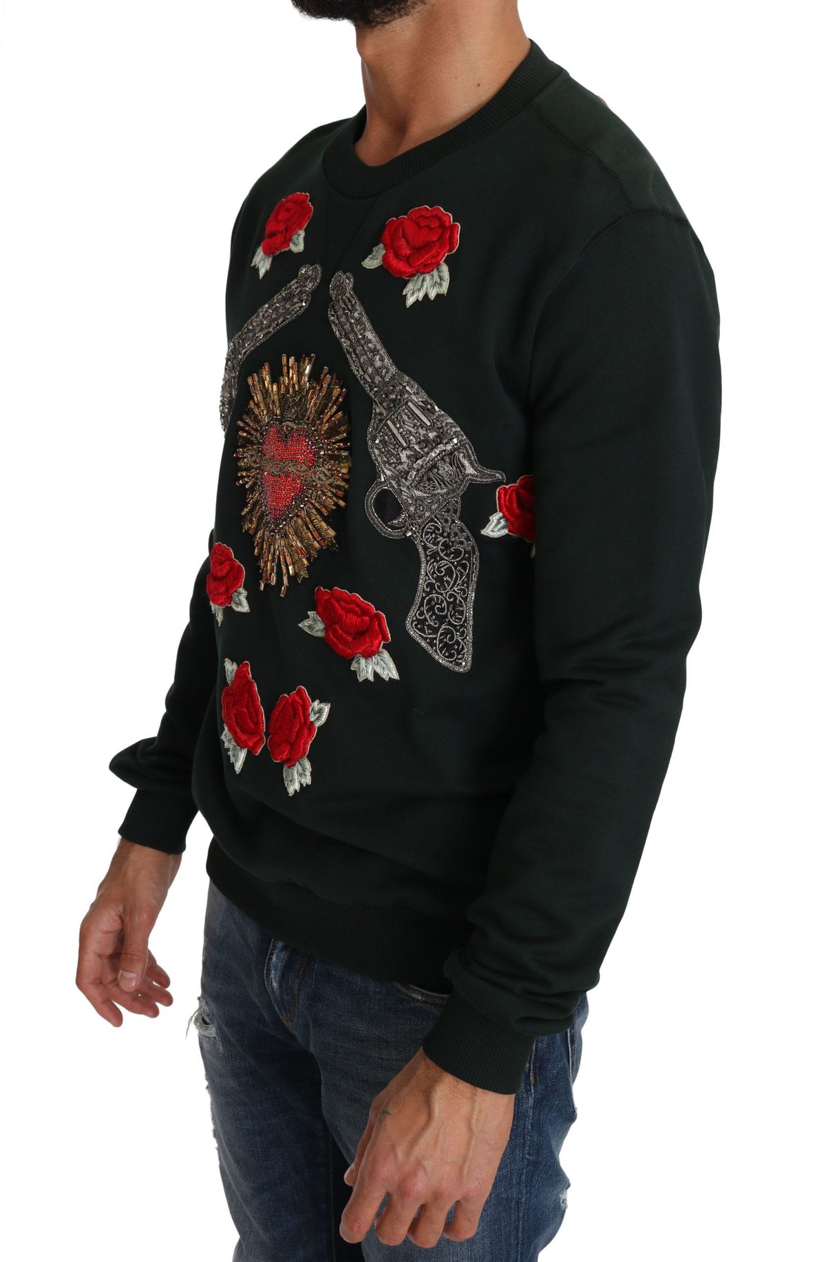 Dolce & Gabbana Green Crystal Heart Roses Gun Pullover