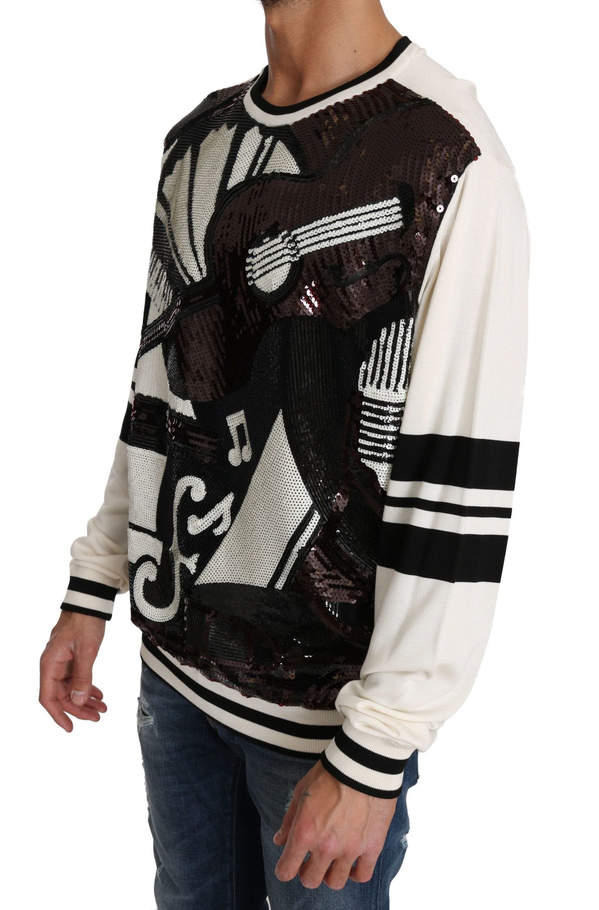 Dolce & Gabbana White Jazz Sequin Guitar Jumper Top Pullover