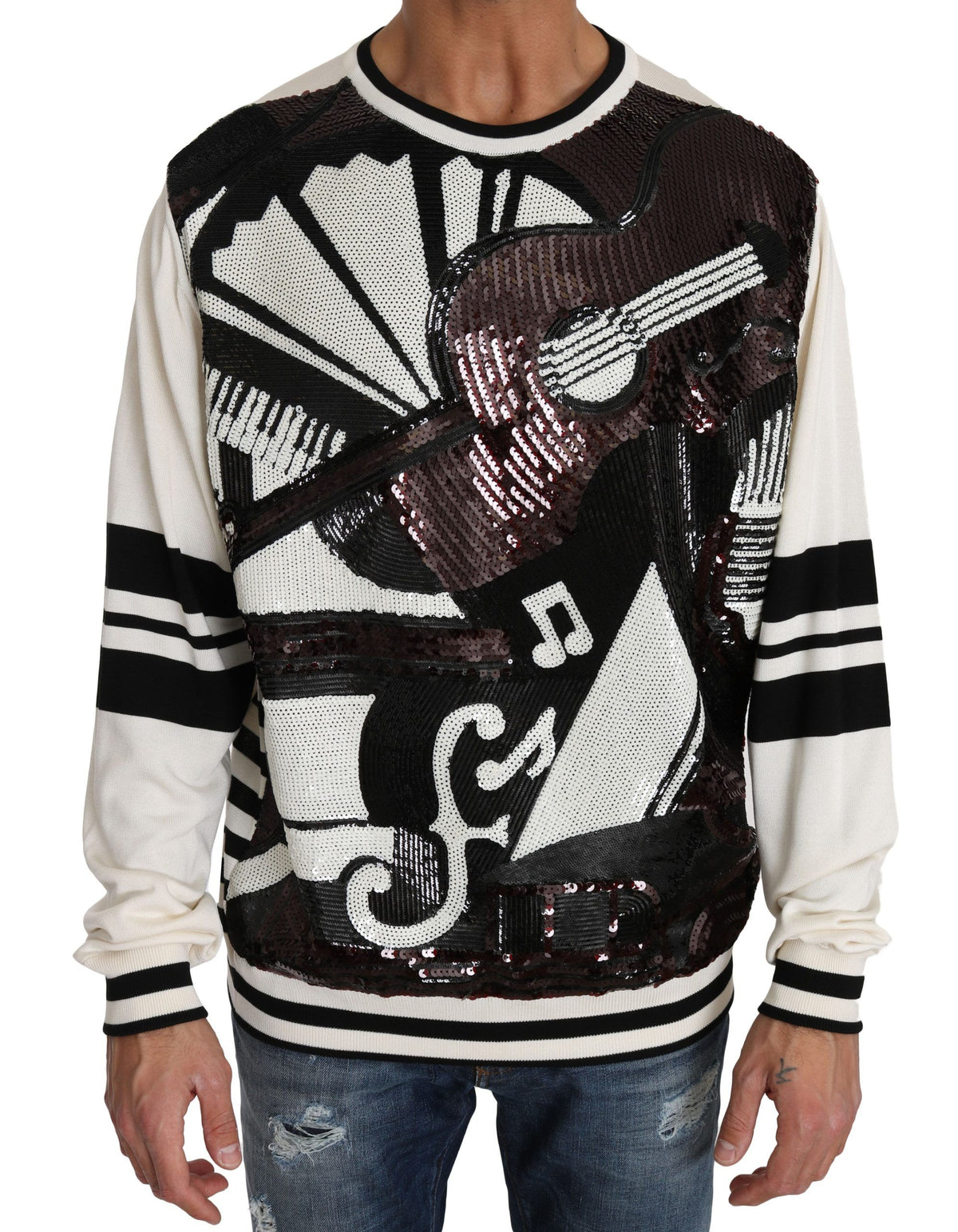 Dolce & Gabbana White Jazz Sequin Guitar Jumper Top Pullover