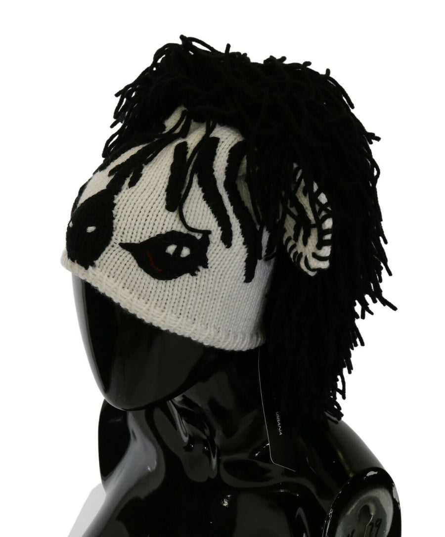 Dolce & Gabbana Black and White Animal Motif Knitted Cashmere Beanie