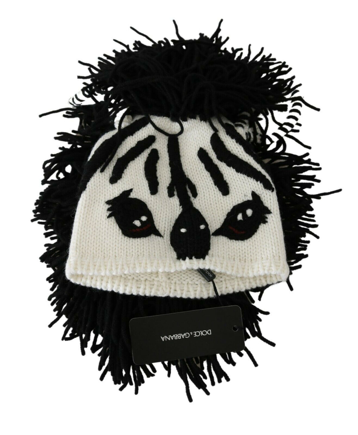 Dolce & Gabbana Black and White Animal Motif Knitted Cashmere Beanie