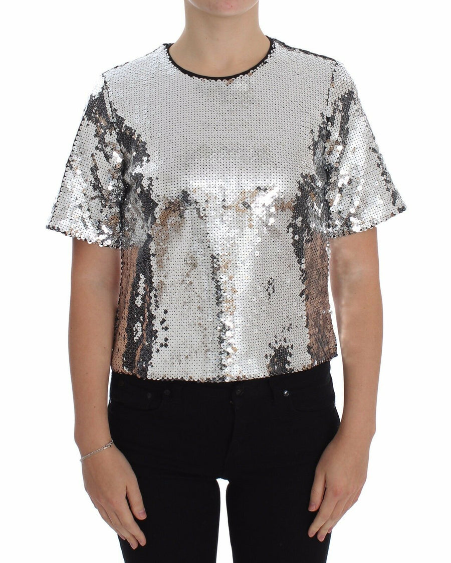 Dolce & Gabbana Silver Sequined Crew Neck T-Shirt Top