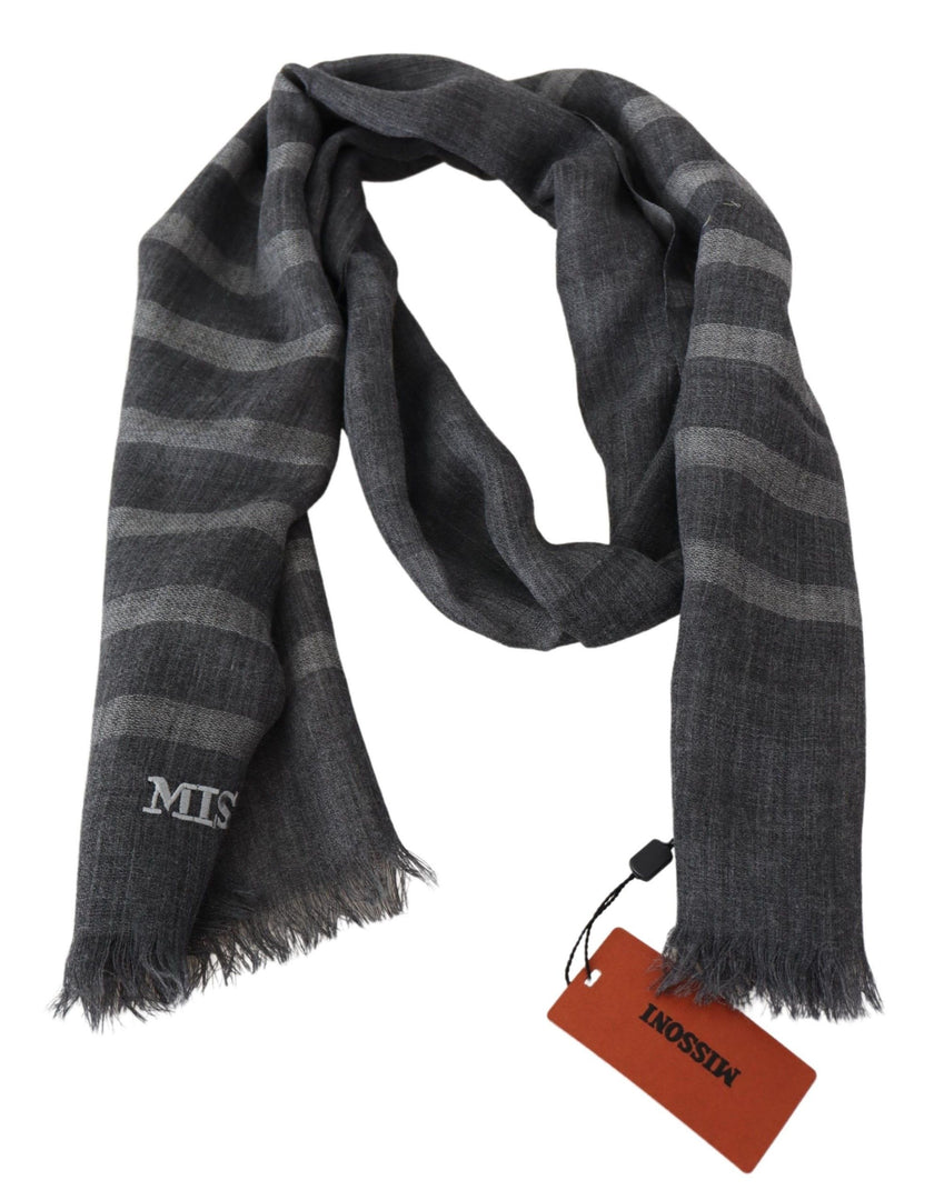 Missoni Gray Striped Wool Scarf Unisex Neck Wrap Fringe Scarf